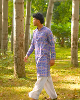Royal Ikat – Blue Heritage Printed Long Kurta with Zari Work